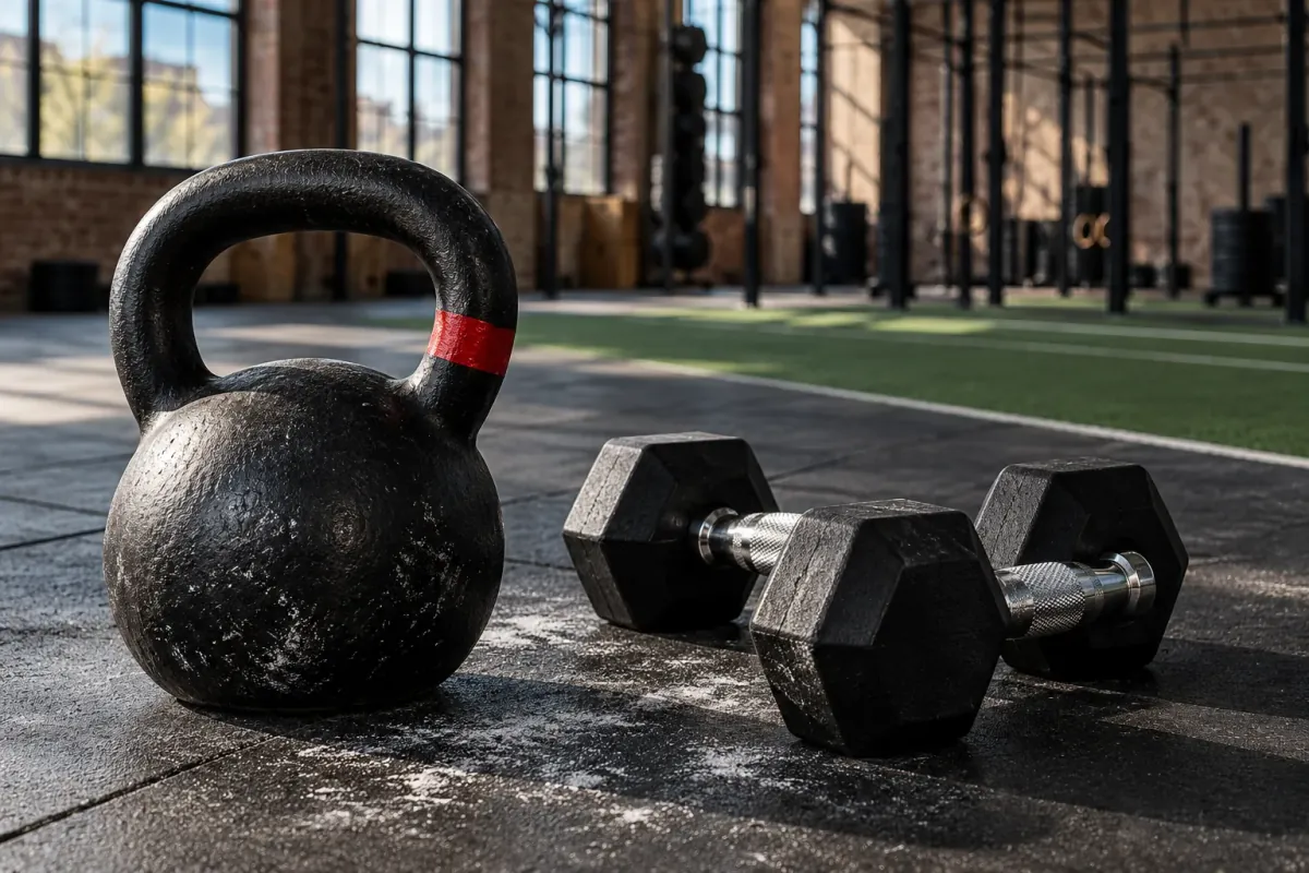 Kettlebell en twee dumbbells met krijtvegen op een rubberen vloer in zijlicht
