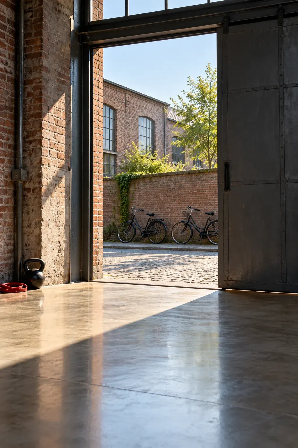 Half open schuifdeur van de fabriekshal naar een rustige straat