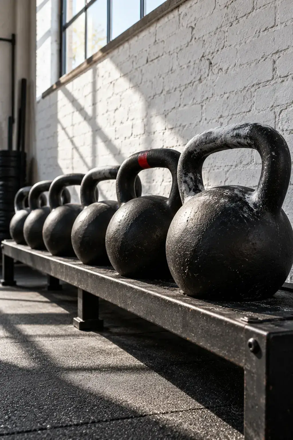 Rek met gietijzeren kettlebells langs een witte bakstenen muur