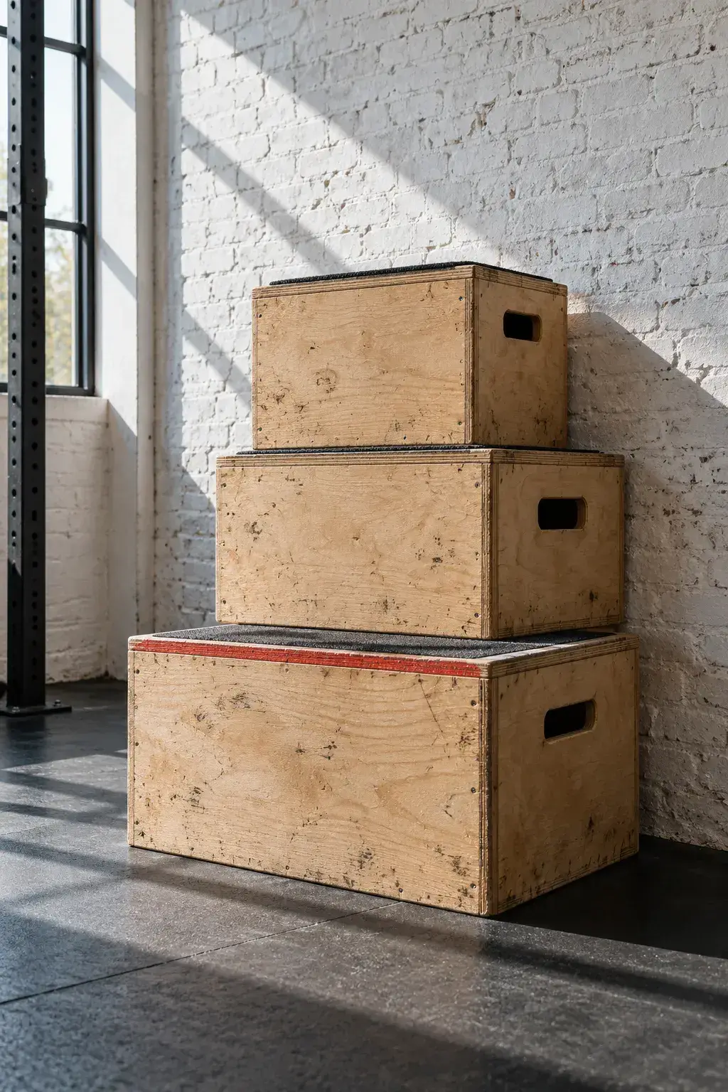 Drie gestapelde plyoboxen van berkenmultiplex tegen de muur