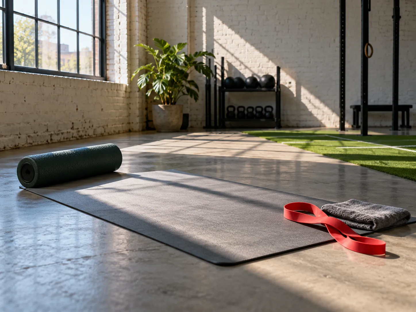 Een groene foamroller, een grijze mat en een rode band in het ochtendlicht bij een hoog fabrieksraam