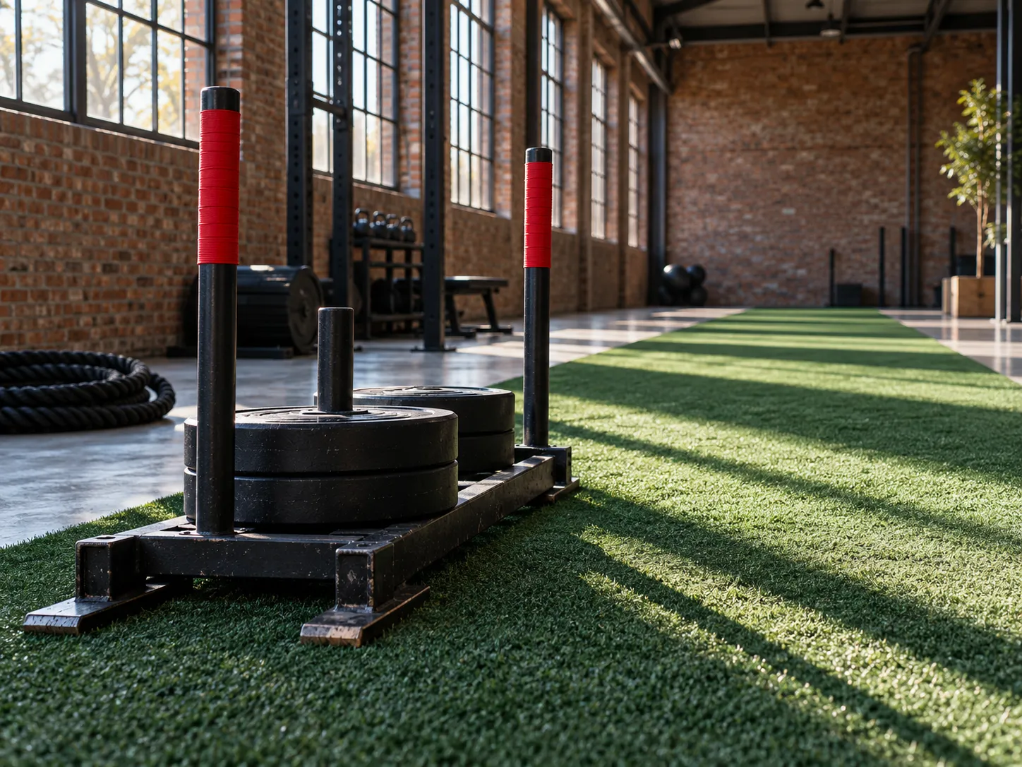 Een trainingsslee met rode handvatten op een baan donkergroen kunstgras in een oude fabriekshal