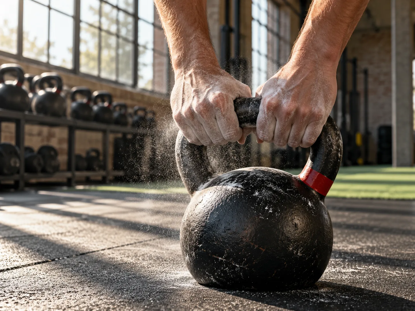 Twee handen met krijt om het handvat van een gietijzeren kettlebell op een rubberen vloer