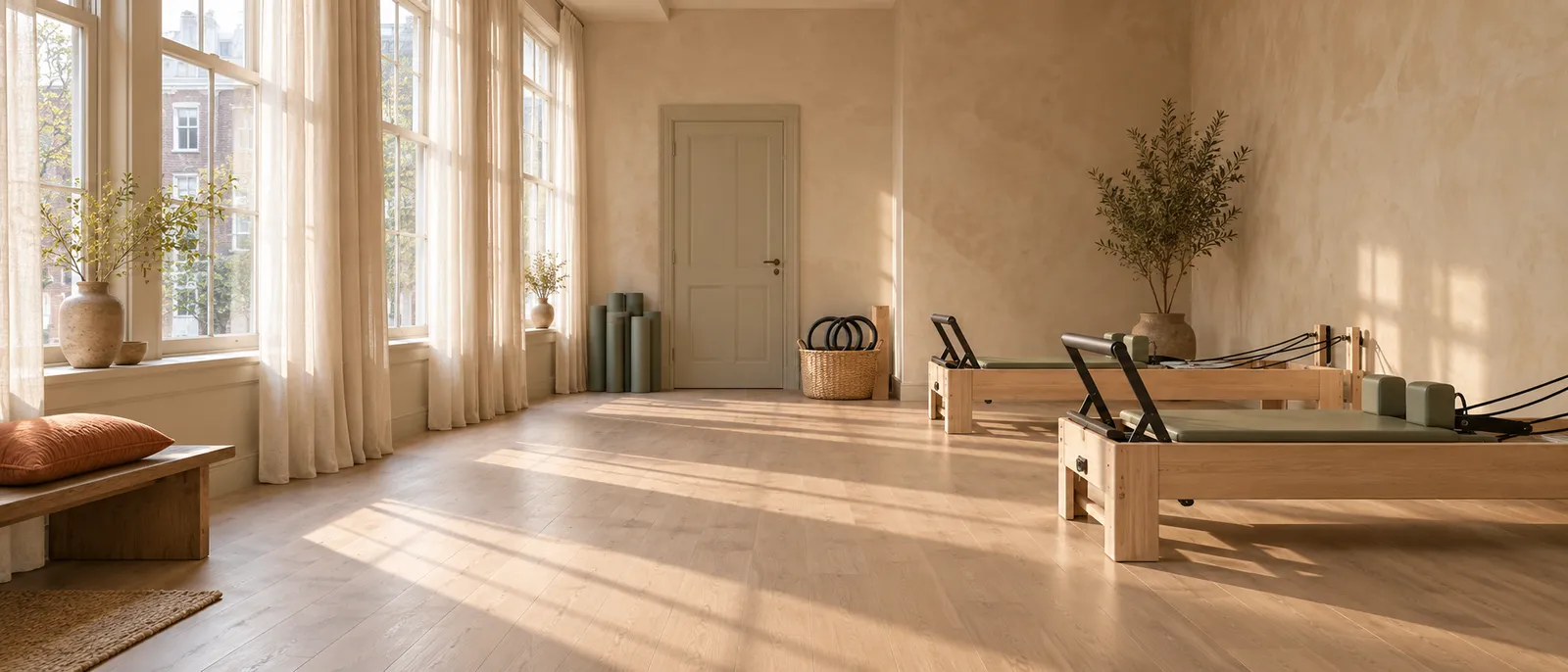De lege studio in het ochtendlicht: hoge ramen met linnen voile, een lichte eiken vloer en twee reformers langs de muur