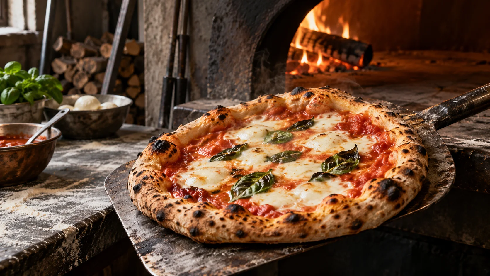 Pizzabakker schuift een pizza in een brandende houtoven