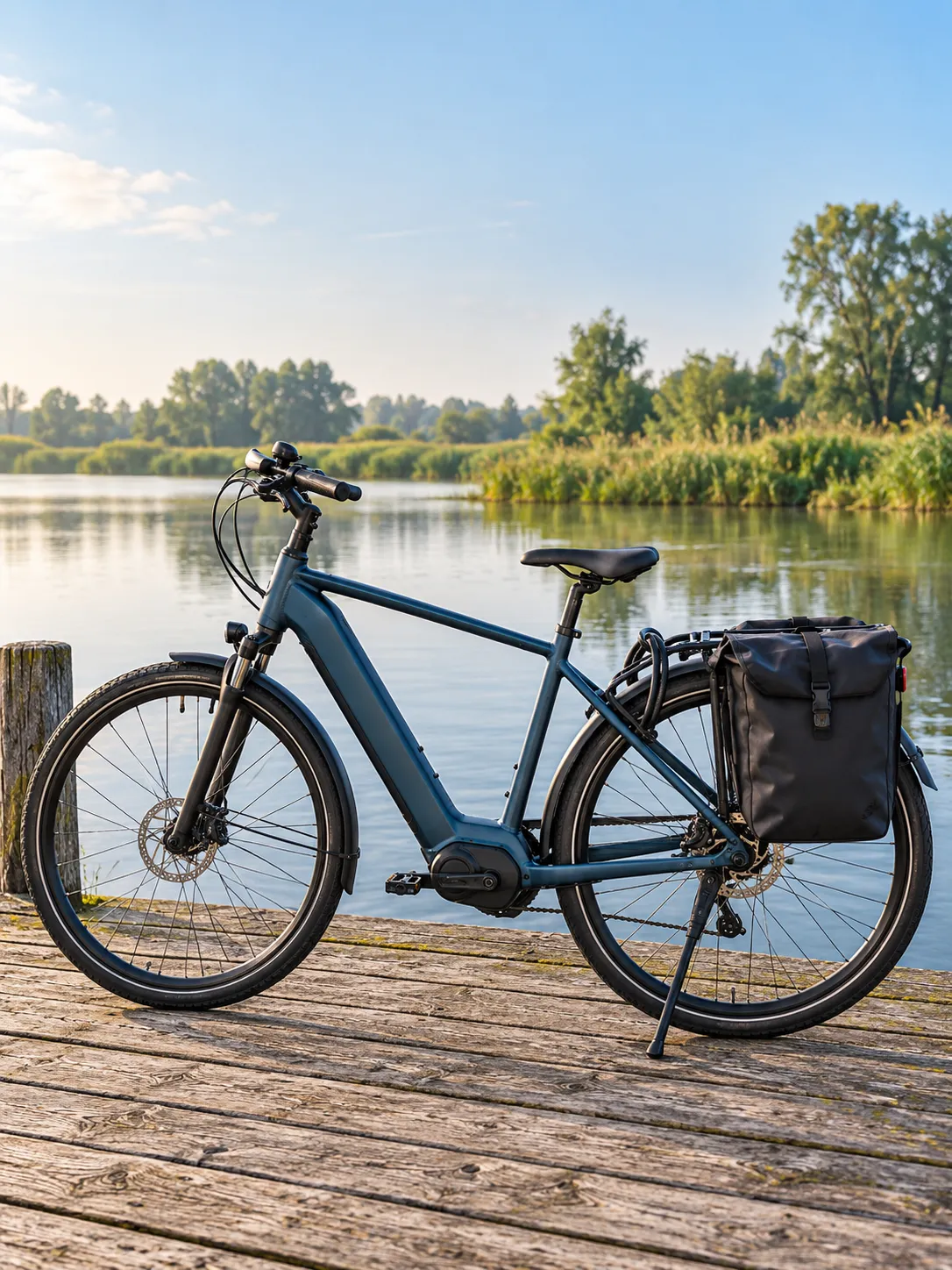 Petrolblauwe e-bike met een zwarte fietstas op een houten steiger