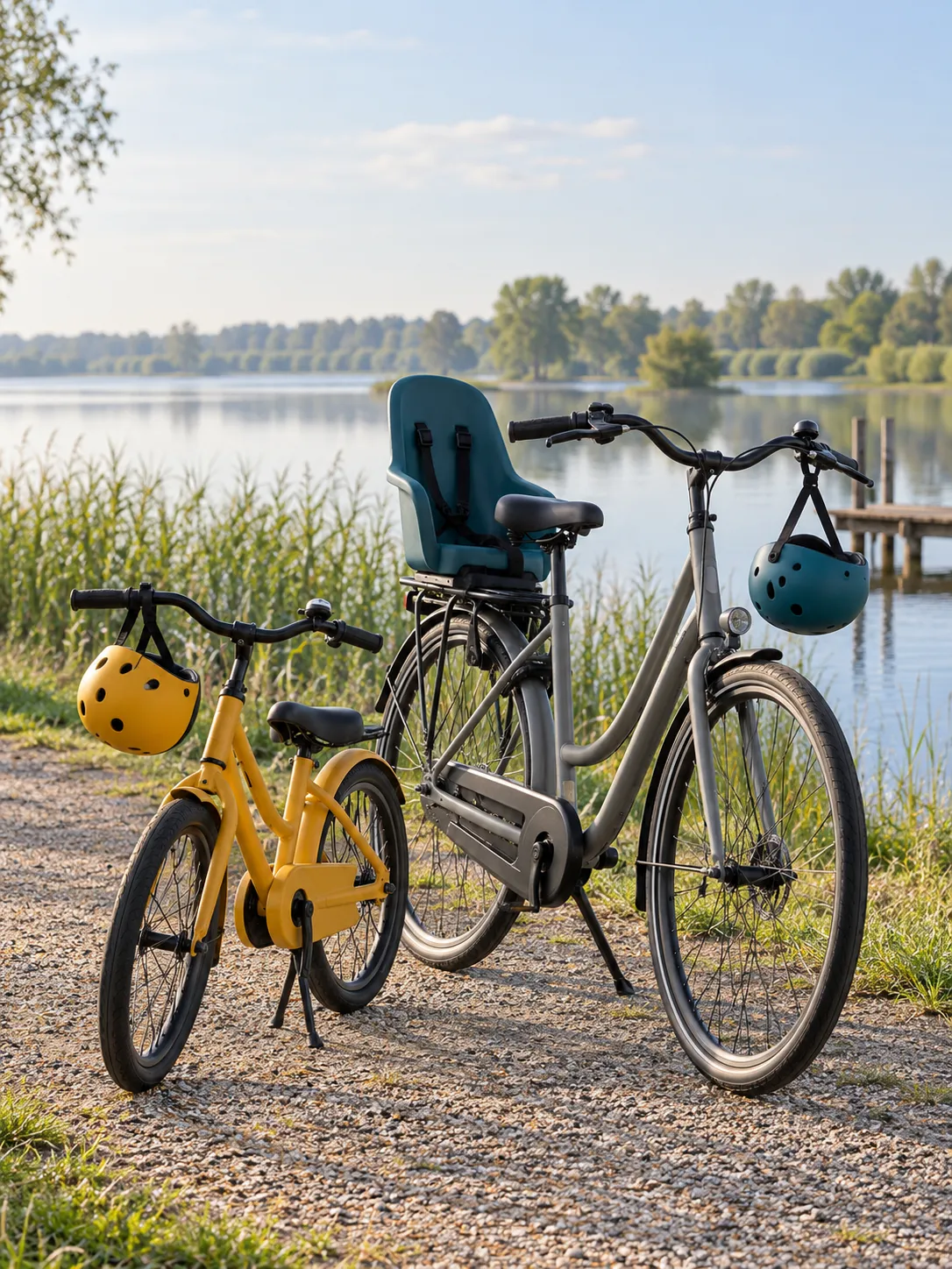 Gele kinderfiets naast een grijze fiets met een petrolblauw kinderzitje en twee helmpjes