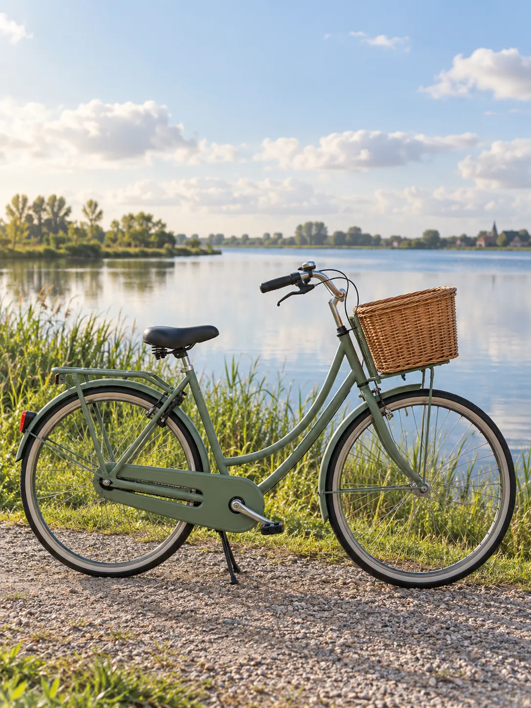 Groene stadsfiets met een rieten mand op een grindpad langs het water