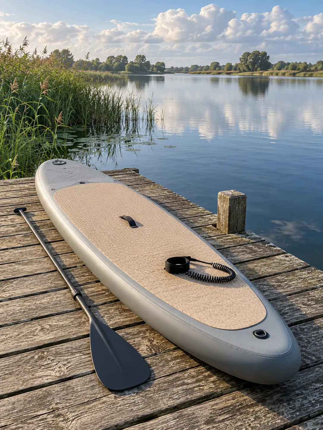 Grijs SUP-board met peddel en leash op een houten steiger