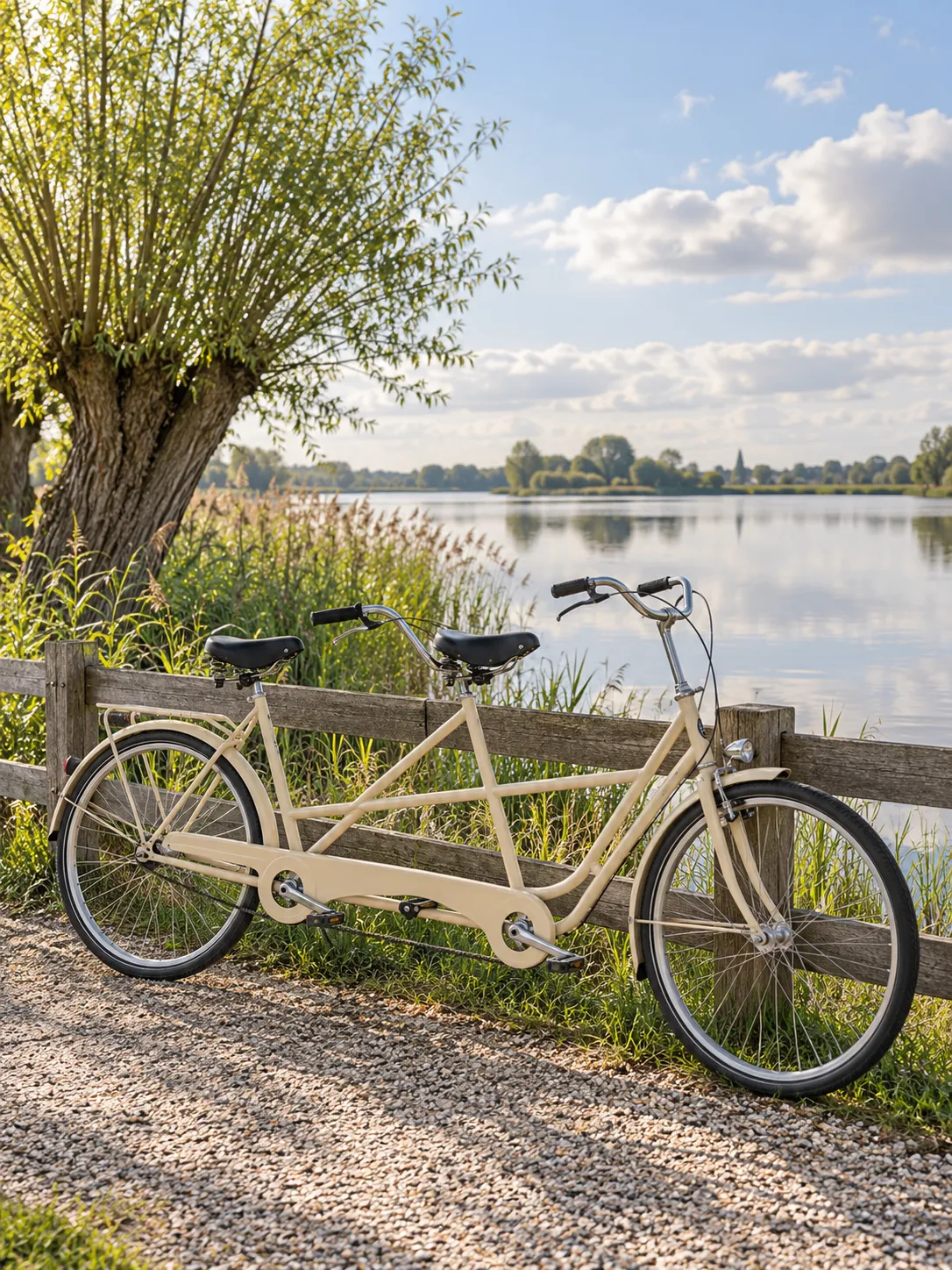Crèmekleurige tandem tegen een houten hek bij een knotwilg
