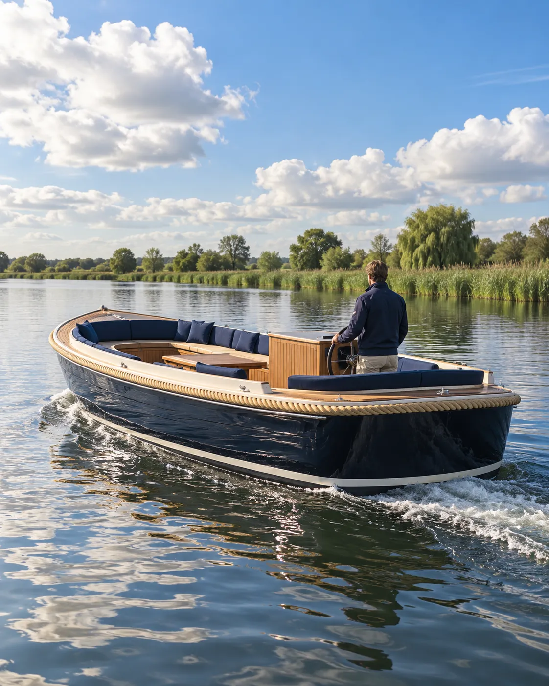 Ruime sloep met een schipper aan het roer, van achteren gezien op een brede plas