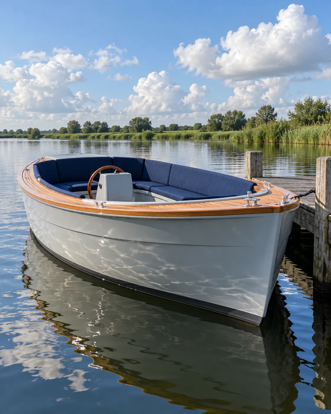 Kleine elektrische sloep voor vier met grijze romp en blauwe kussens naast een houten steiger
