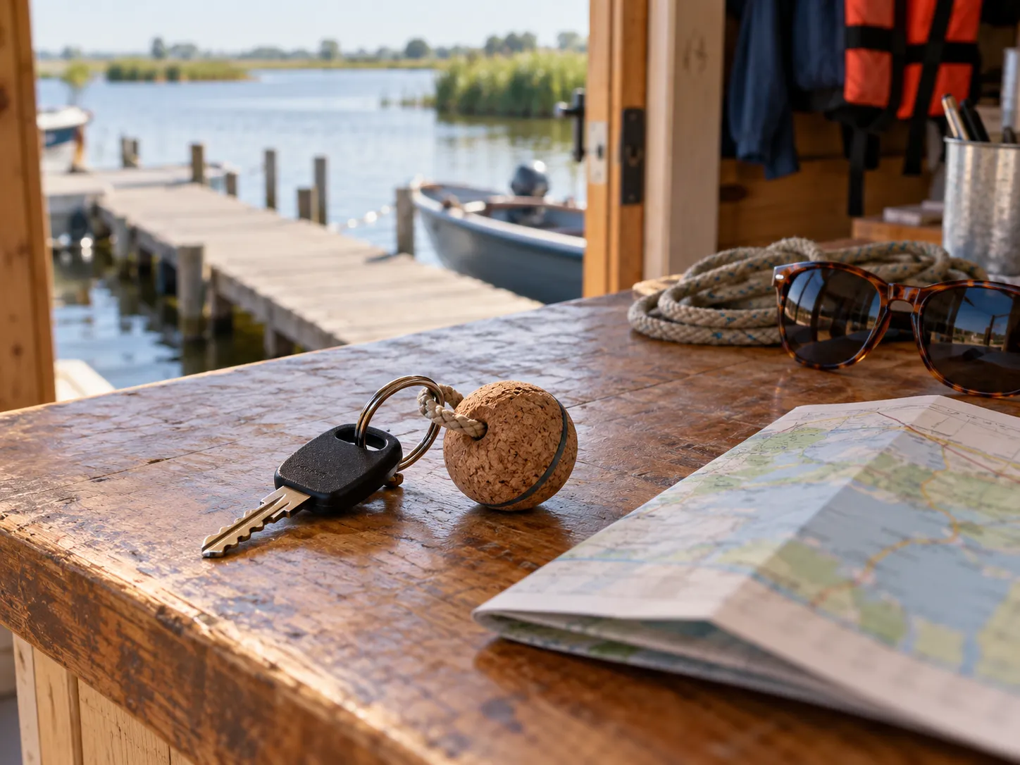 Bootsleutel met een kurken drijver op een houten balie naast een opgevouwen kaart
