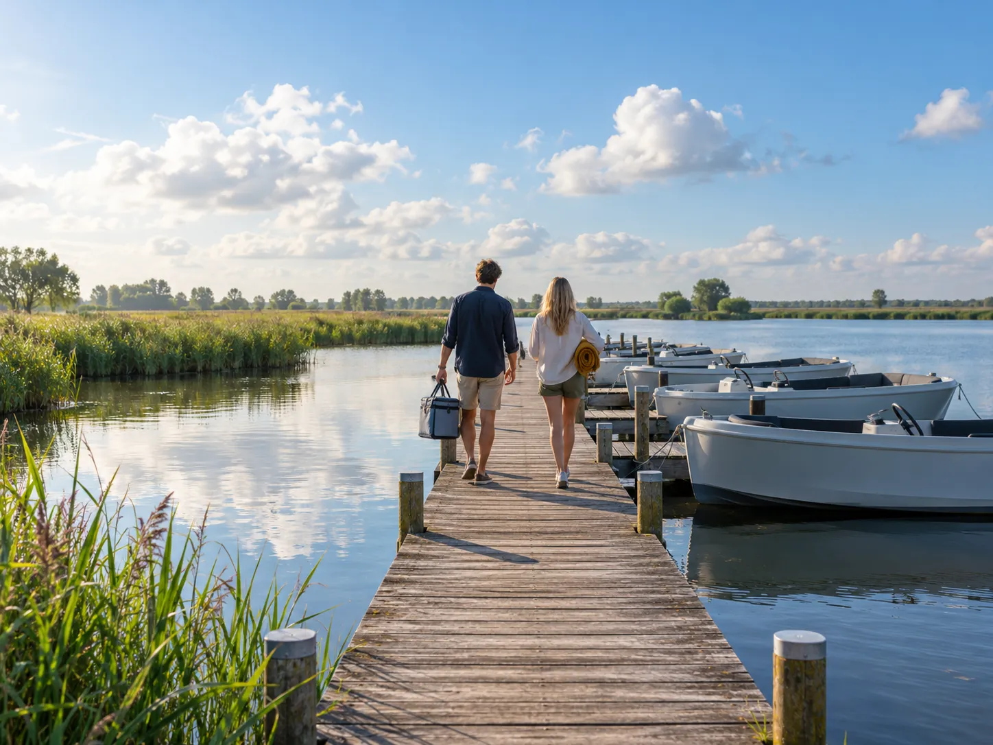 Twee mensen lopen over een lange houten steiger naar de sloepen