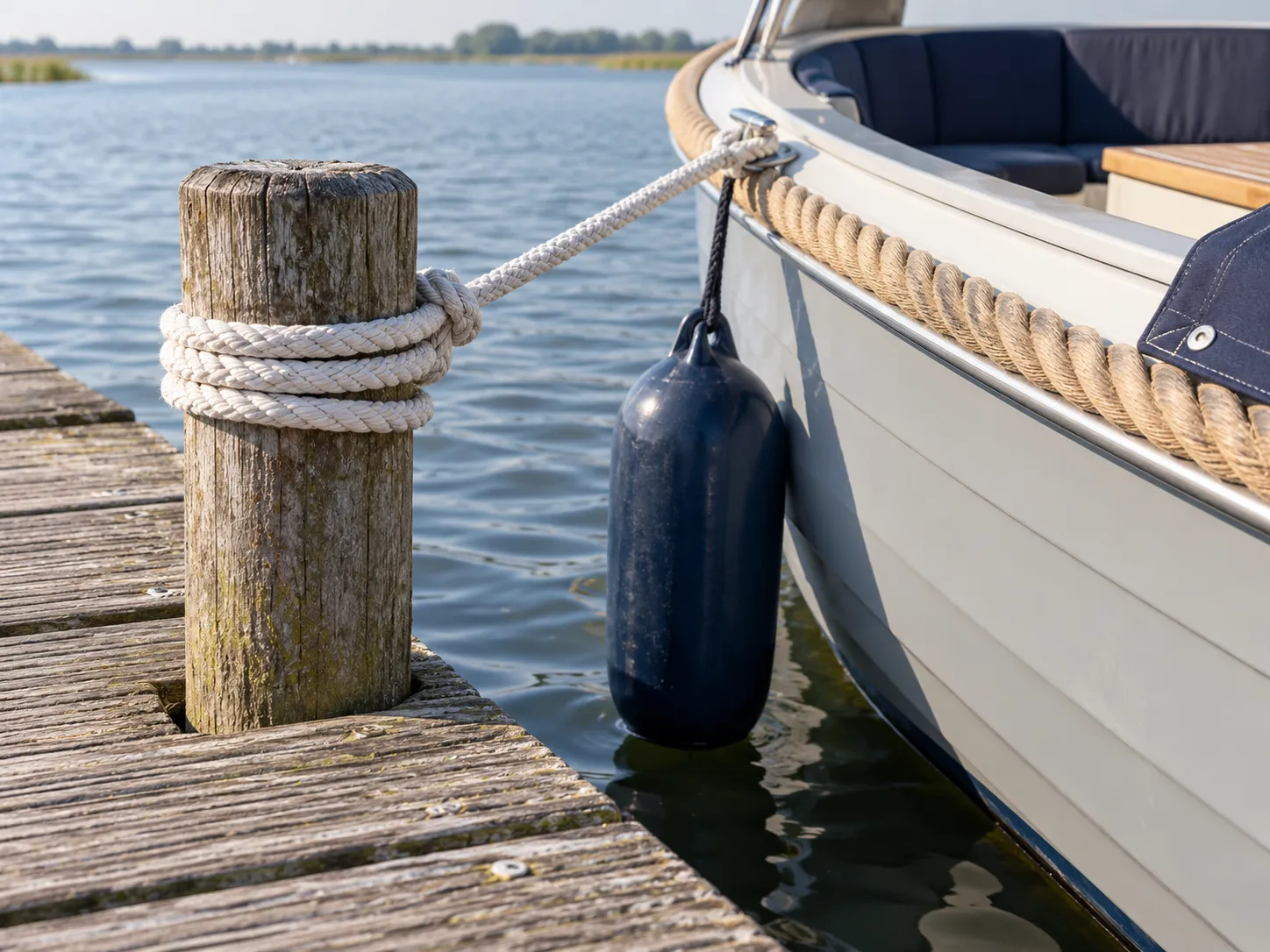 Witte meerlijn om een houten paal naast een sloep aan de steiger