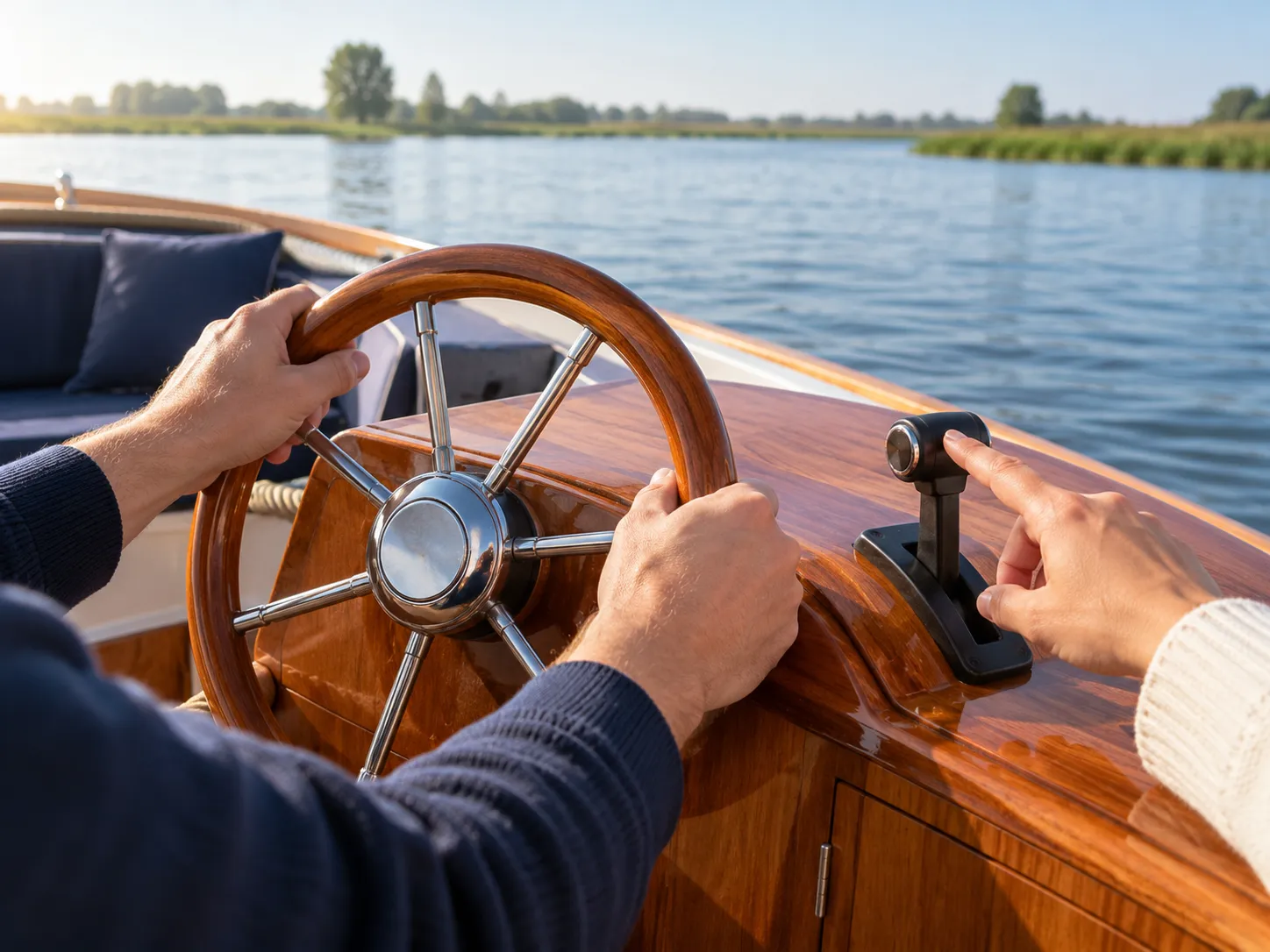 Handen aan het stuurwiel en de gashendel van een sloep