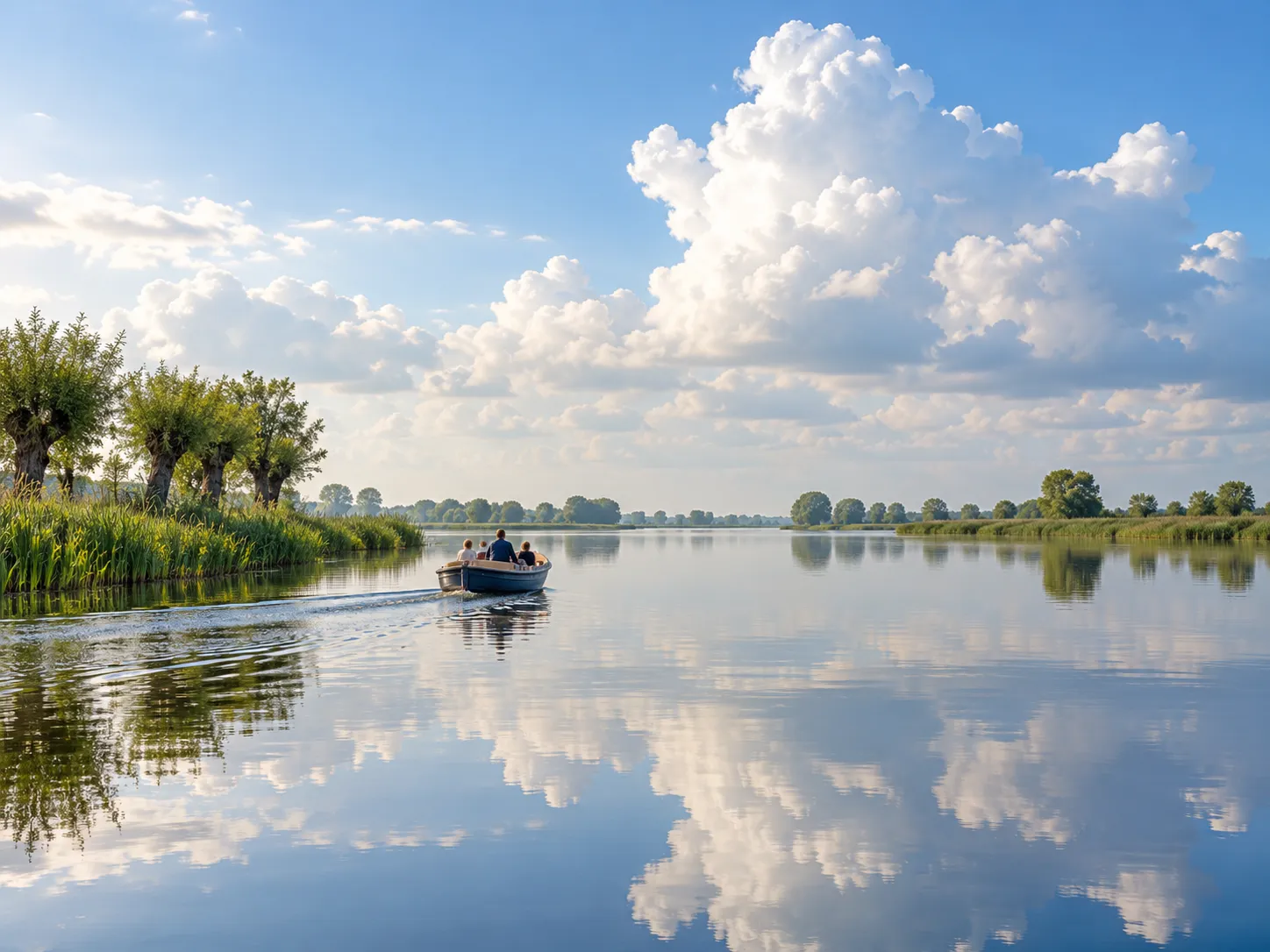 Kleine sloep op een wijde plas met stapelwolken die in het water spiegelen