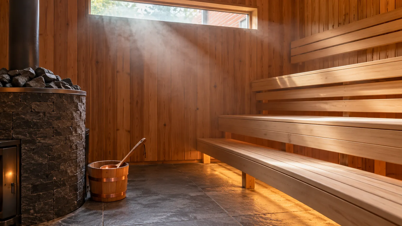 De Finse sauna in het pakhuis: drie banken van licht cederhout, een stenen kachel met basalt en een houten emmer met koperen banden, met daglicht dat door de stoom valt