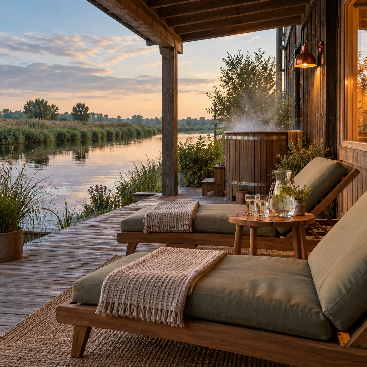 Overdekte veranda aan de rivier met twee ligstoelen, een karaf water en een dampende koudwatertobbe
