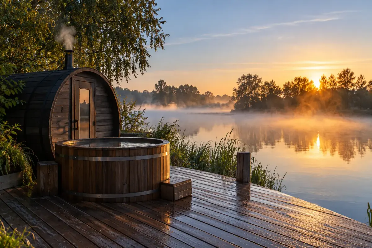 Vlonder aan de rivier met een buitensauna en een koudwatertobbe in de ochtendnevel