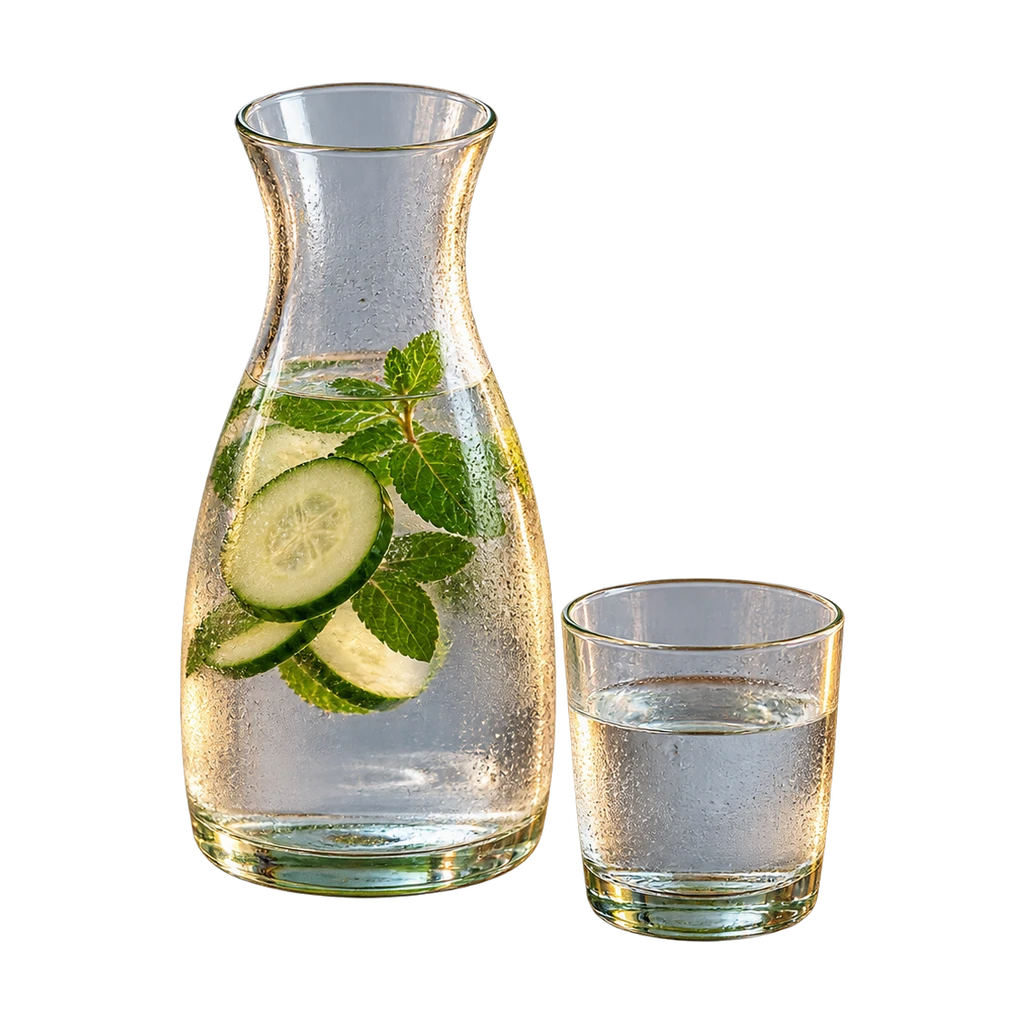 Glazen karaf met water, komkommer en munt naast een glas