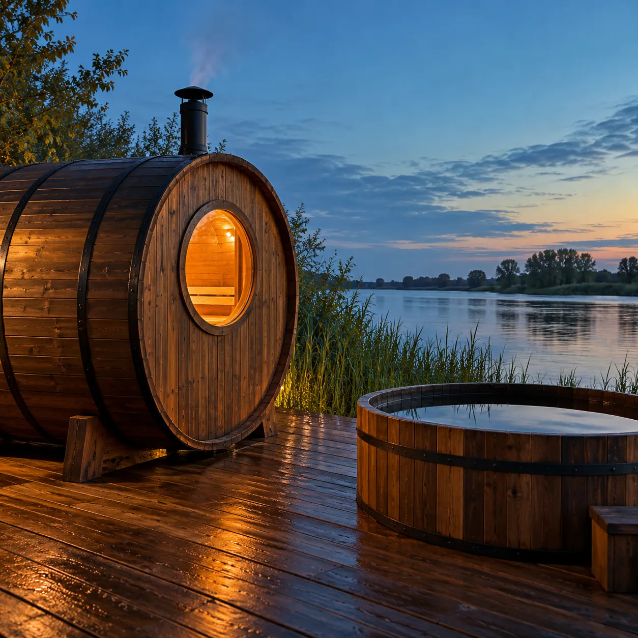Buitensauna als houten ton op het vlonder aan de rivier, met een koude tobbe ernaast
