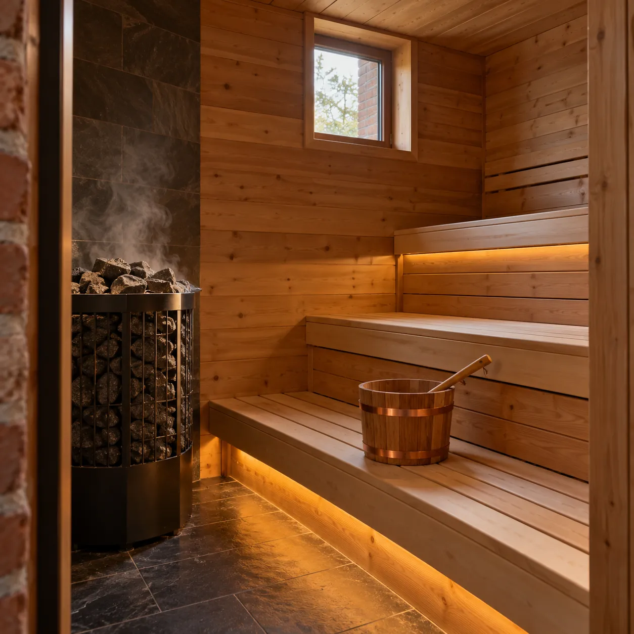 Finse sauna met banken van ceder en een stenen kachel, gezien vanaf de deur