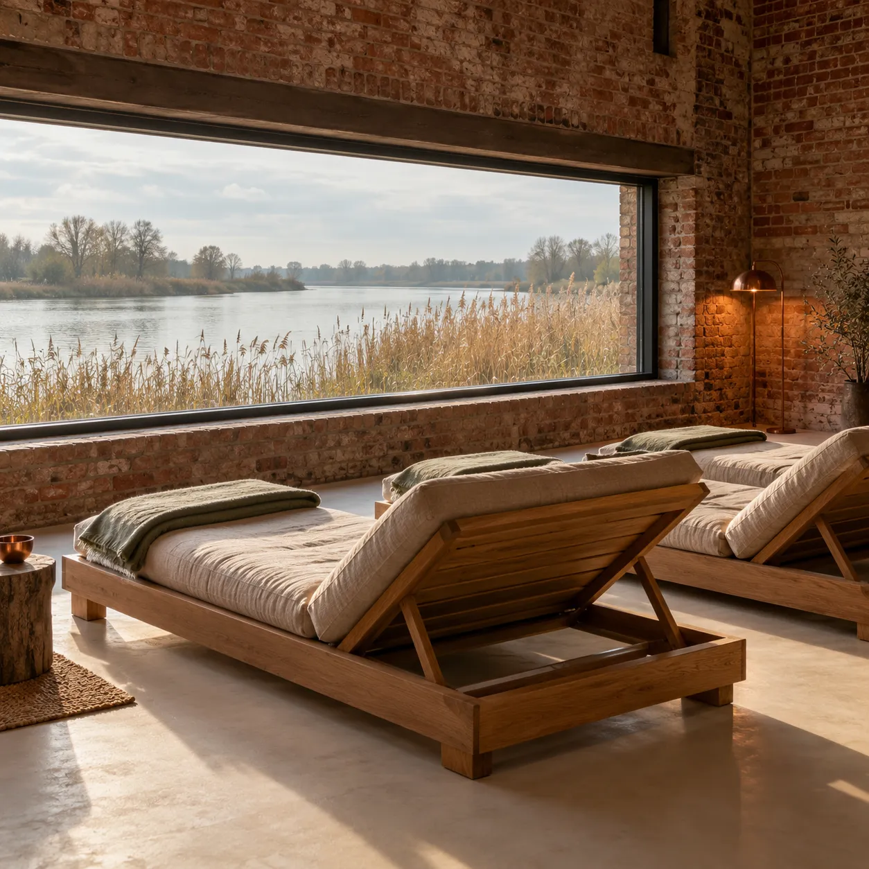 Stille ruimte met drie ligstoelen voor een lang raam aan de rivier
