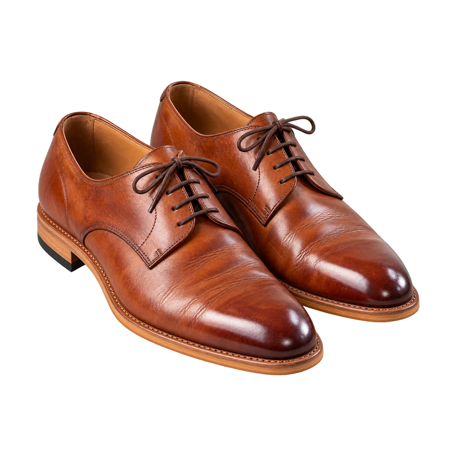 Een gerepareerd paar cognac derby's met nieuwe hakken en lichte leren zolen