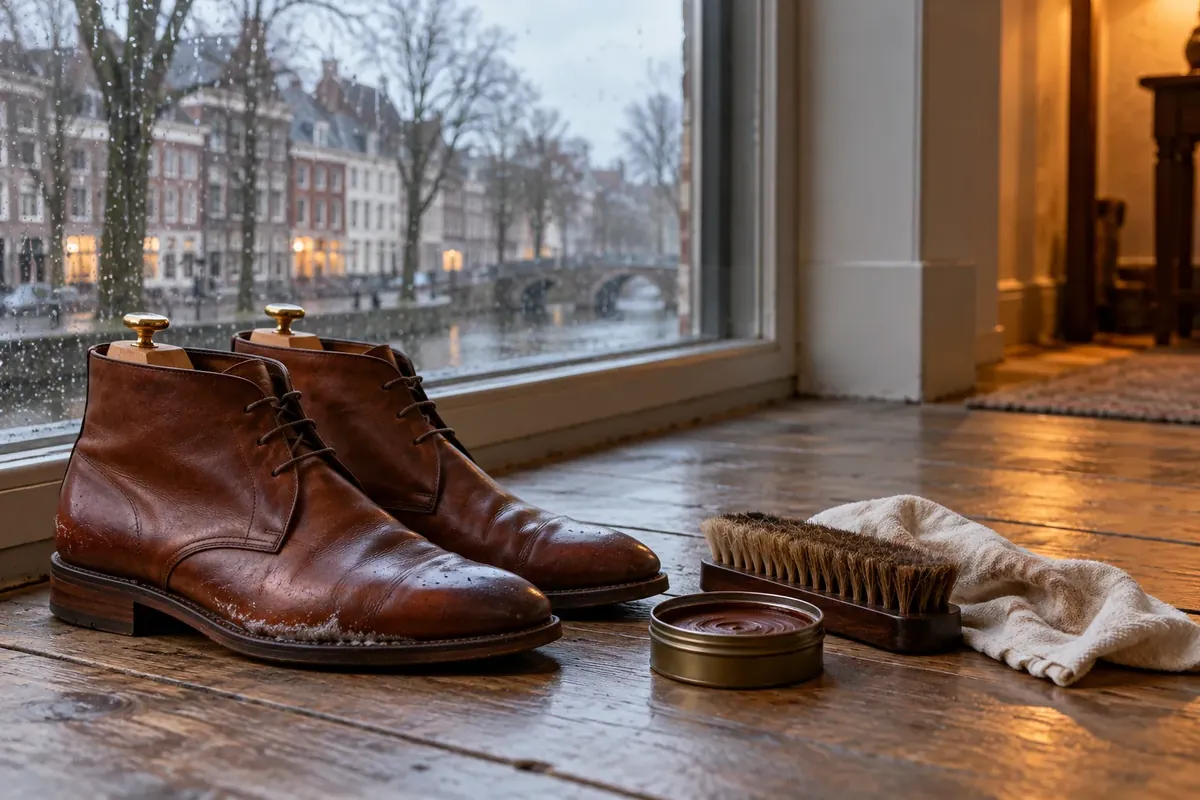 Bruine leren laarzen op houten schoenspanners bij een raam met regendruppels