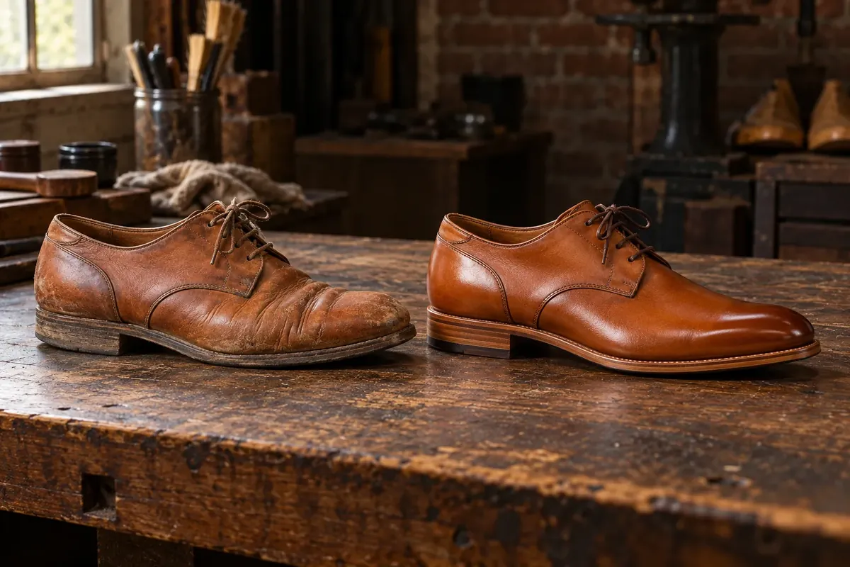 Twee dezelfde leren schoenen naast elkaar op de werkbank, de linker versleten en de rechter gerepareerd en gepoetst