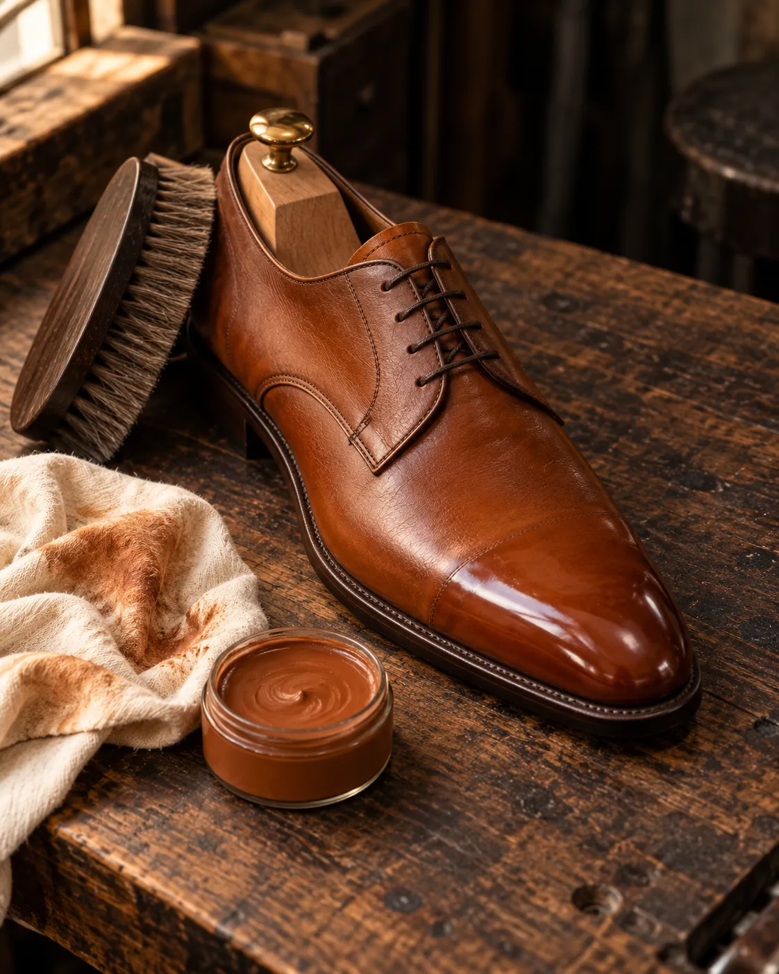 Een cognac derby op een schoenspanner wordt gepoetst, met een borstel, een doek met wasvlekken en een potje crème