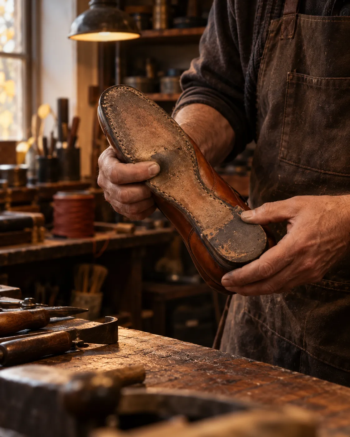 Handen van de schoenmaker houden een cognac schoen met de zool omhoog onder de werkbanklamp