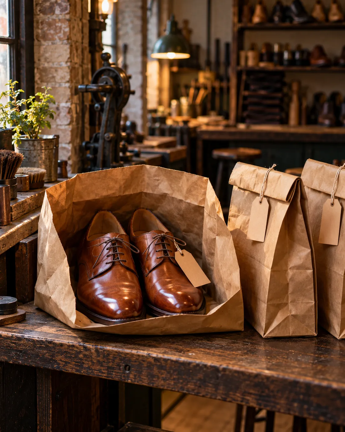 Gerepareerde cognac schoenen staan klaar in een open papieren zak op de ophaalplank