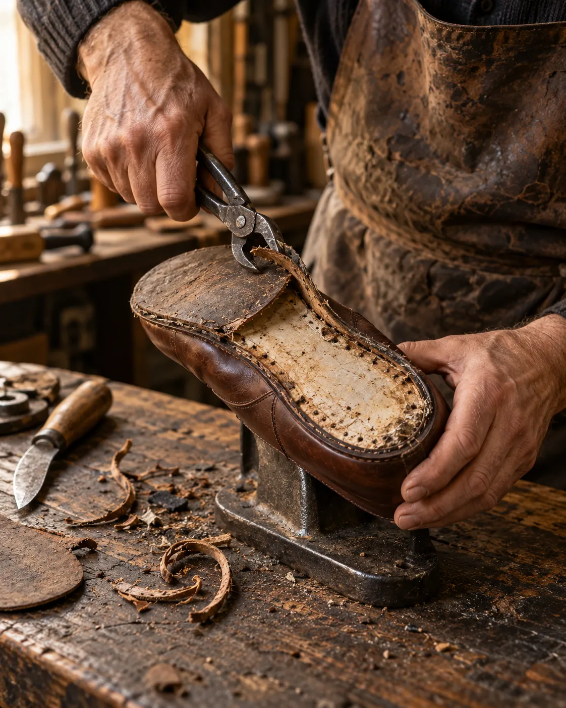 Met een nijptang trekt de schoenmaker de versleten leren zool van een schoen op een stalen leest