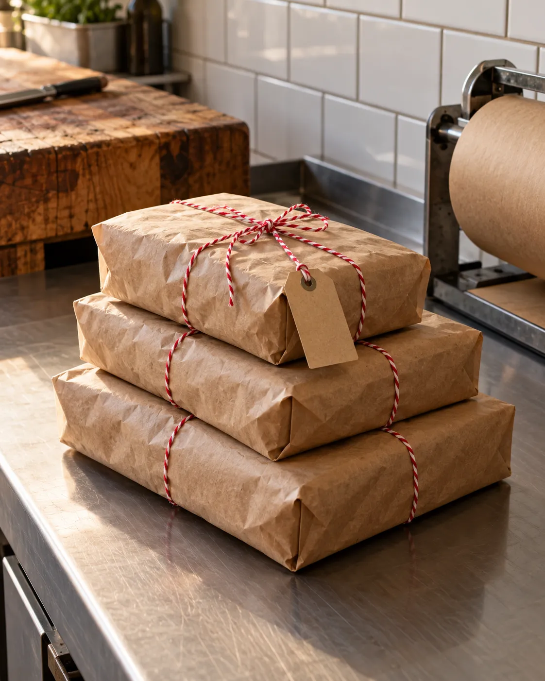 Pakketten in bruin slagerspapier met rood-wit touw
