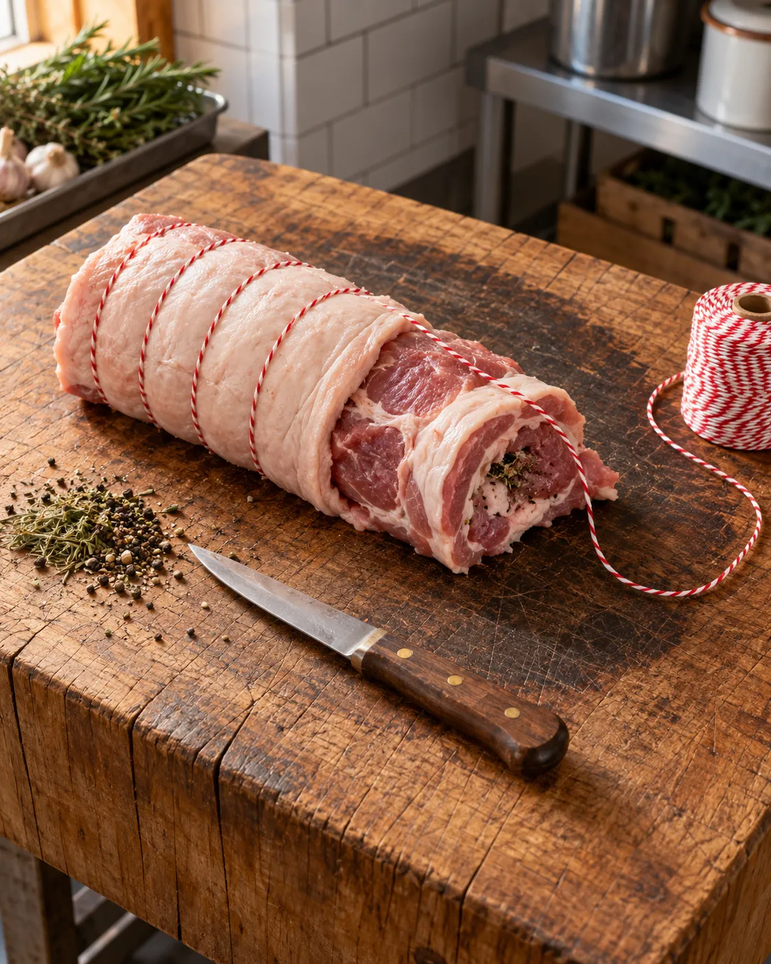 Rollade half gebonden met rood-wit slagerstouw op het hakblok
