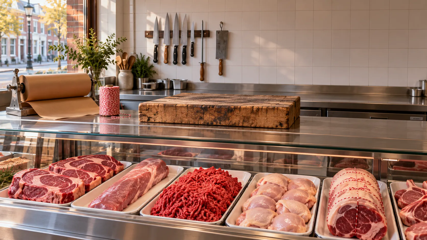 De toonbank van de slagerij in de ochtend: een eiken hakblok op geborsteld staal, een rol slagerspapier met rood-wit touw en daaronder de vitrine met vers vlees