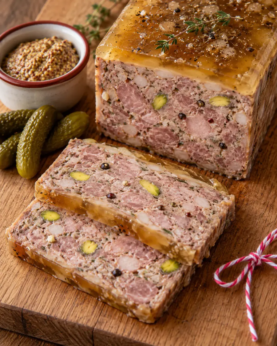 Grove paté van het huis met pistache op een eiken plank, twee plakken aangesneden