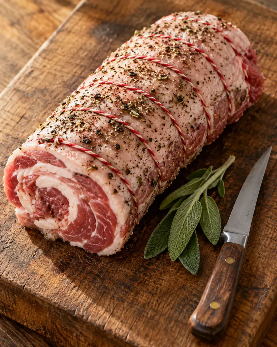Met slagerstouw gebonden rollade op een oud eiken hakblok