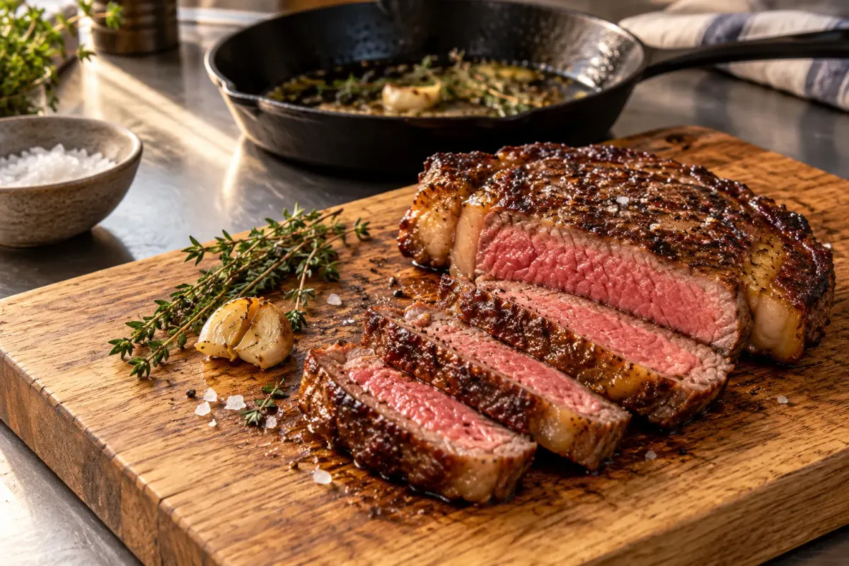 Gebakken entrecote in plakken gesneden op een eiken plank