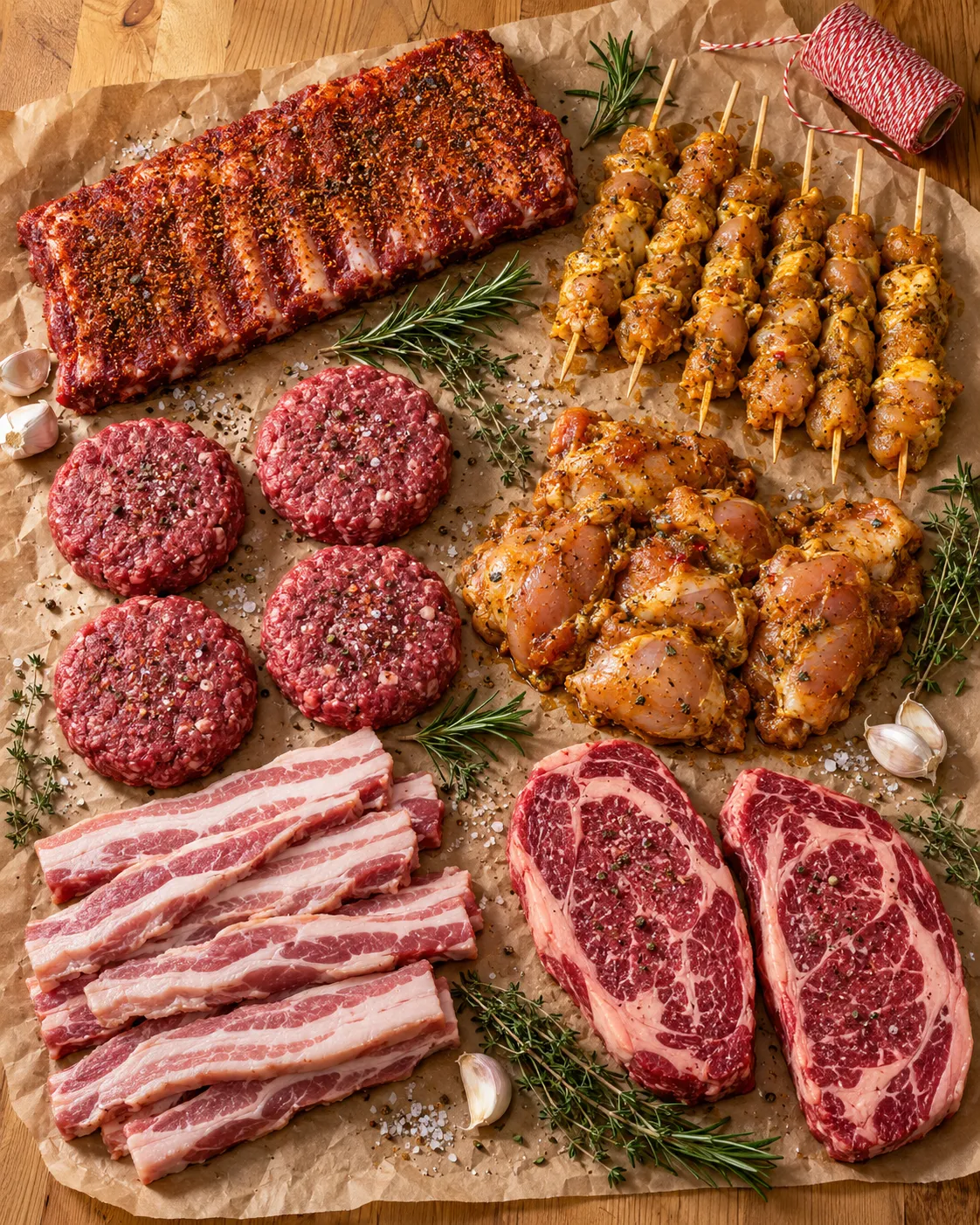 BBQ-pakket op slagerspapier: spareribs, kipsaté-spiesjes, hamburgers, gemarineerde kipdij, speklappen en twee entrecotes
