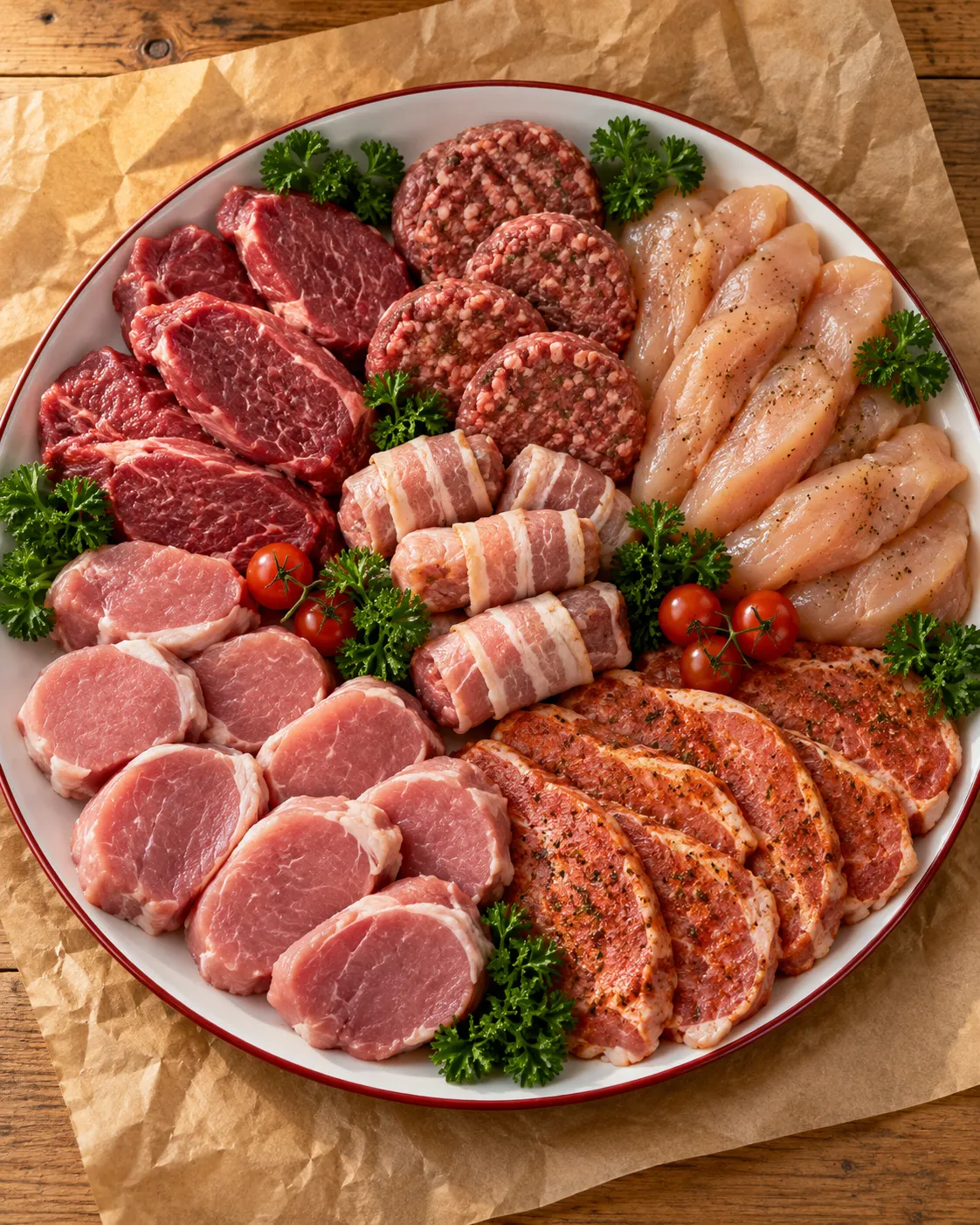 Gourmetschotel op een witte schaal met biefstukjes, slavinken, hamburgertjes, kipfiletreepjes, varkenshaasmedaillons en shoarma