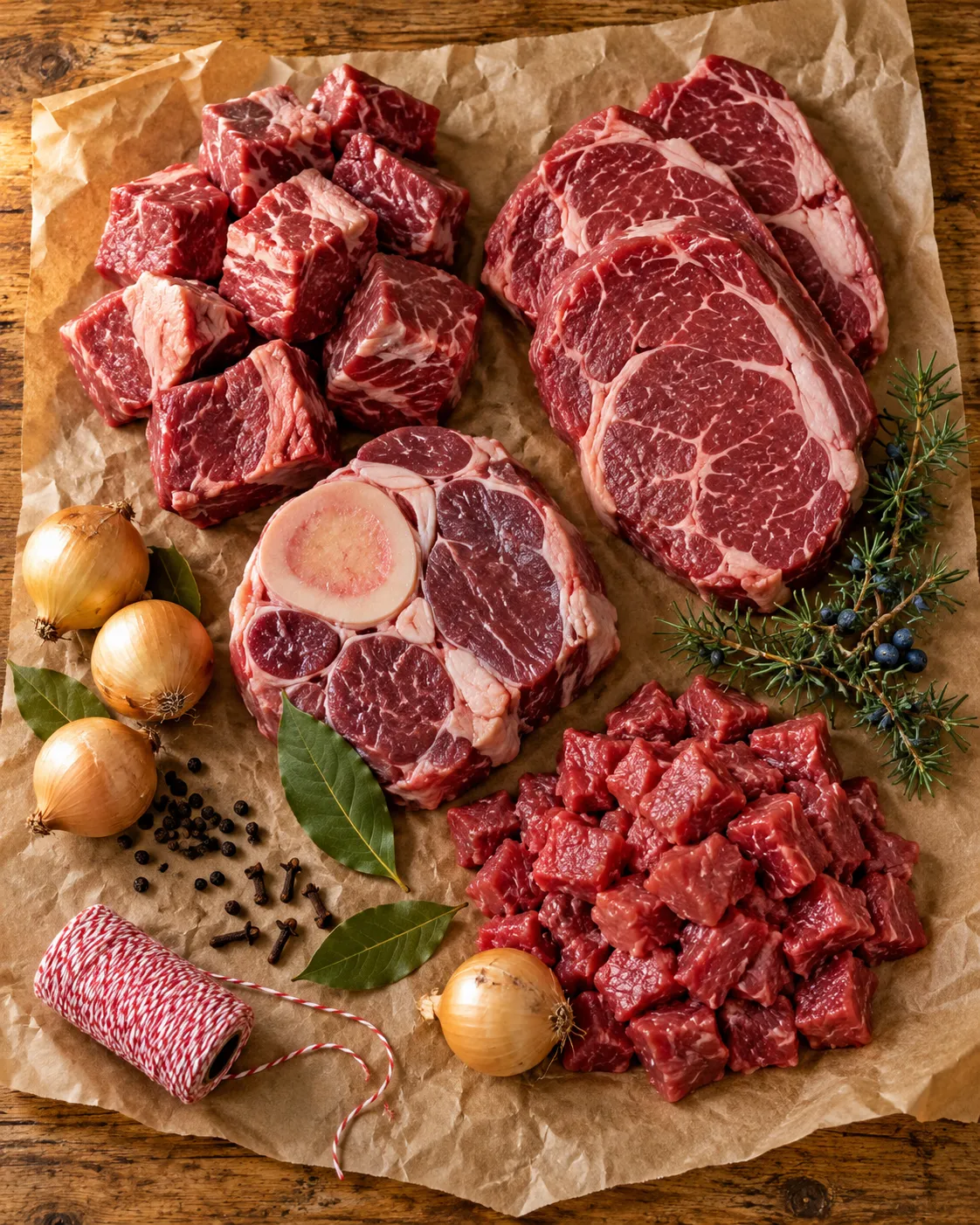 Stoofpakket op slagerspapier met sukade, runderlappen, klapstuk en hachee-vlees, met laurier, peperkorrels en kleine uitjes
