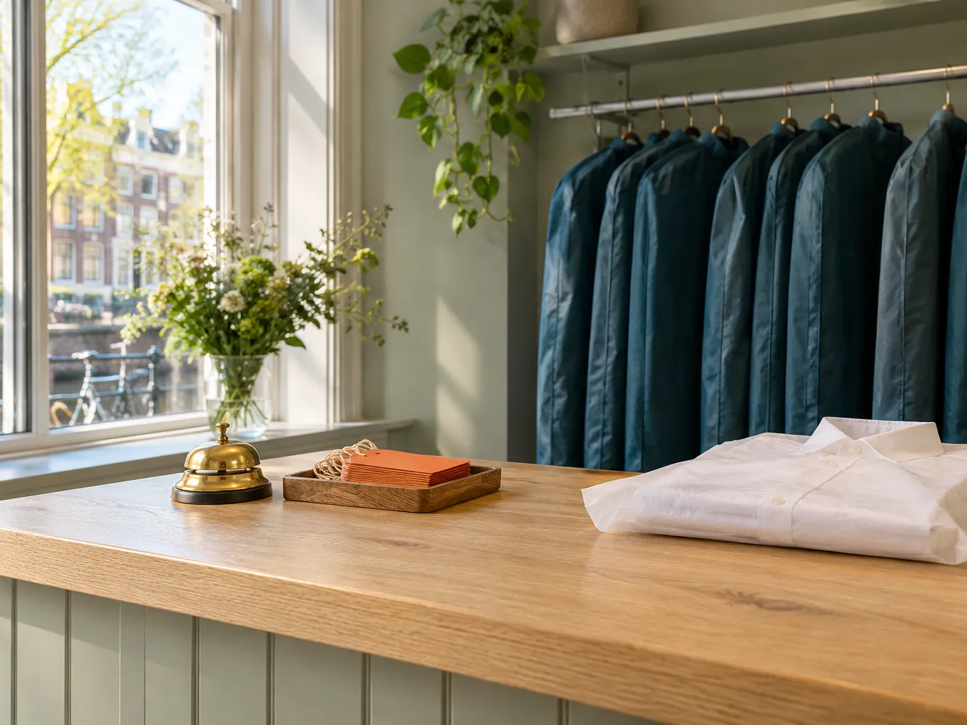 Eiken balie van de stomerij in de ochtend, met een belletje, oranje innamekaartjes en een gevouwen overhemd, daarachter kleding in blauwgroene hoezen