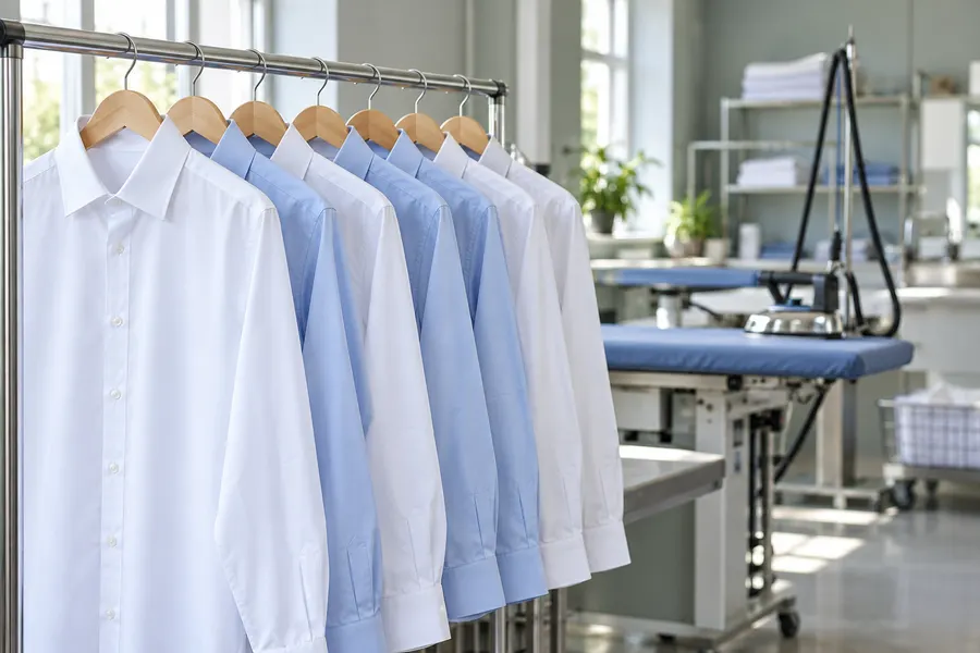 Rij geperste witte en lichtblauwe overhemden op houten hangers in een lichte werkplaats
