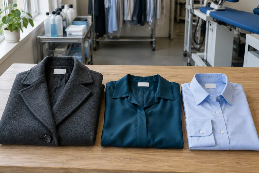 Wollen jas, blauwgroene zijden blouse en gevouwen lichtblauw overhemd naast elkaar op een eiken werktafel