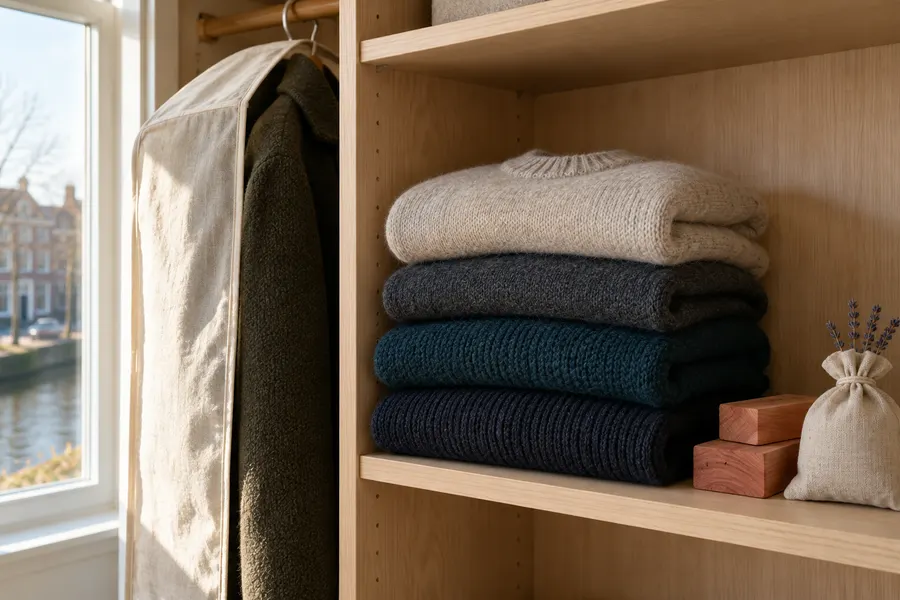 Stapel gevouwen wollen truien op een houten kastplank met cederblokjes en een linnen zakje lavendel