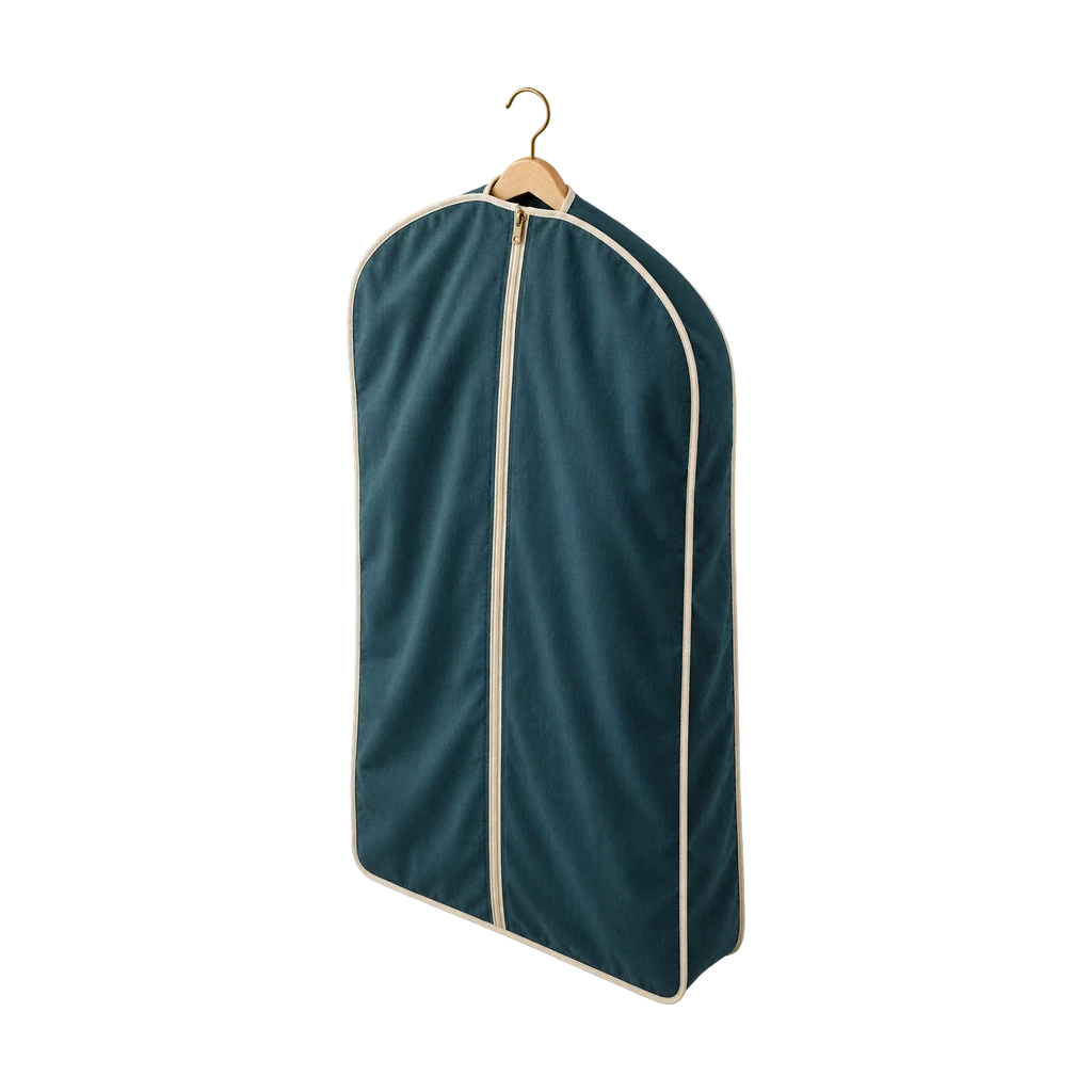 Blauwgroene katoenen kledinghoes aan een houten hanger