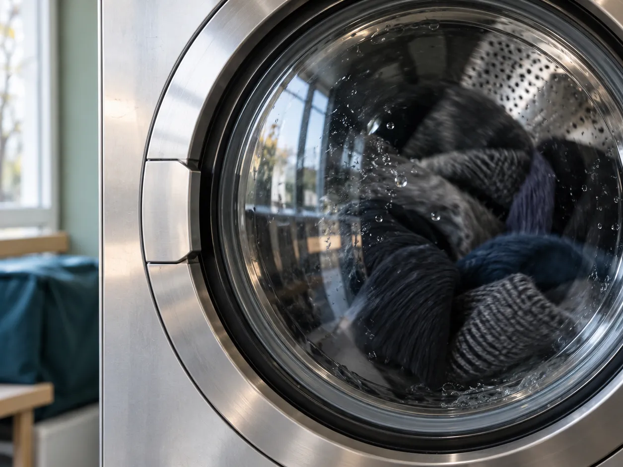 De ronde glazen deur van de reinigingsmachine, met kleding in de trommel